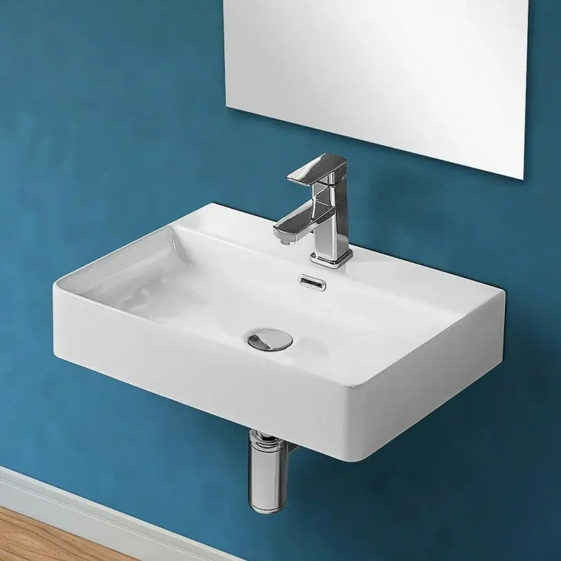 Lavabo sospeso rettangolare 60x42 cm in ceramica bianco lucido Popolare