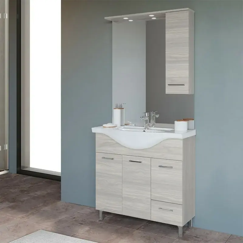 Offerta Del Giorno Mobile Bagno da terra 85 cm rovere grigio completo di specchio con pensile e LED