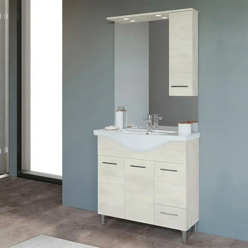 Mobile bagno da terra 85 cm rovere ghiaccio con pensile specchio e luce LED Pagamento Sicuro