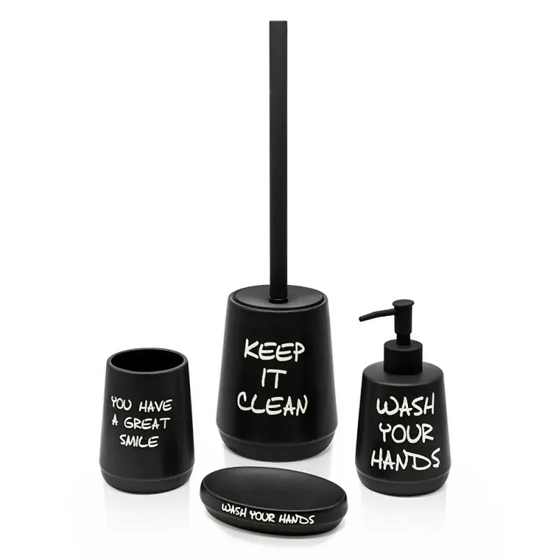 Set accessori linea Wash nero opaco con scritte completo di portascopino Esclusivo