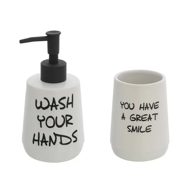 Professionale Set accessori linea Wash dispenser + portaspazzolini bianco con scritte