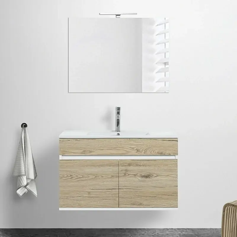 Mobile bagno sospeso da 90 cm Duble rovere africa con lavabo e specchio Pagamento Sicuro