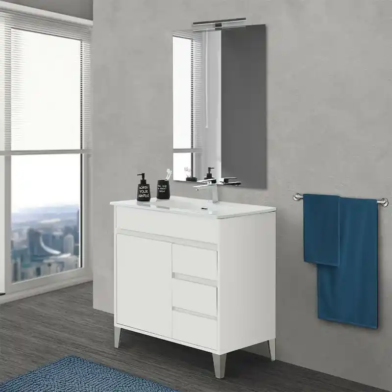 Mobile bagno a terra da 80 cm linea Way bianco lucido con specchio e lavabo Novità