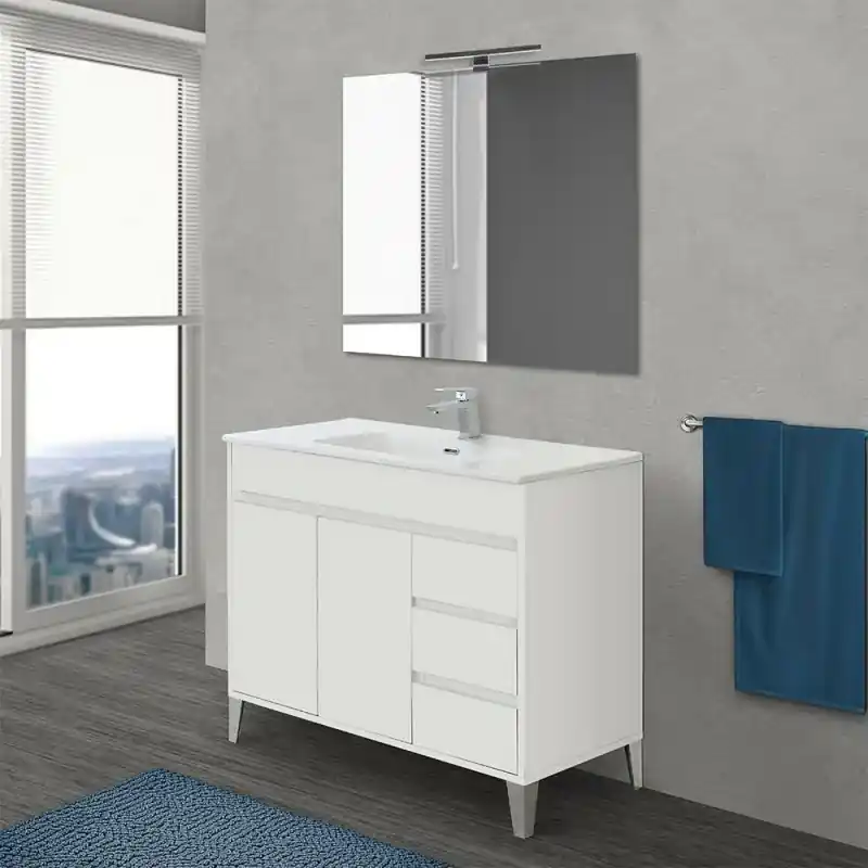 Mobile bagno da terra 100 cm linea Way bianco lucido con specchio e lavabo Pagamento Sicuro