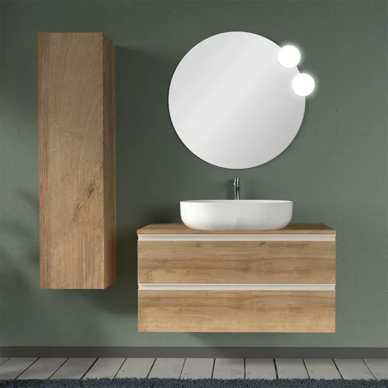 Mobile bagno sospeso 100 cm rovere miele con top e specchio tondo Master Popolare