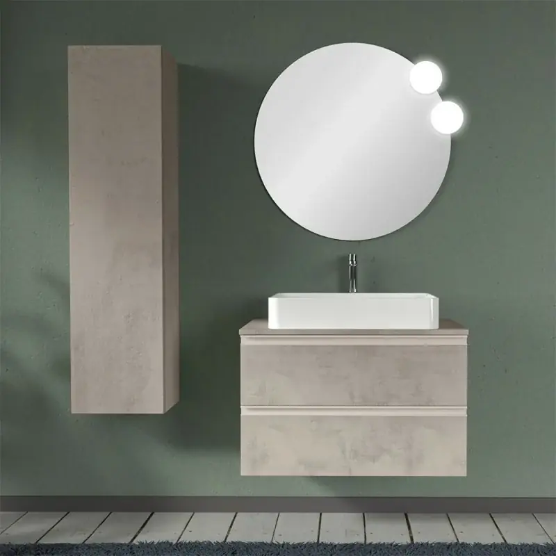Spedizione Espresso Mobile bagno sospeso 80 cm grigio cemento con top e specchio tondo Master