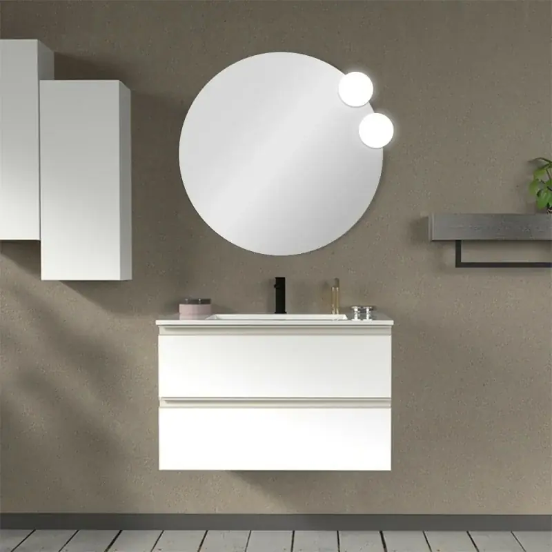 Mobile bagno sospeso 80 cm bianco opaco con lavabo e specchio tondo Master Pagamento Sicuro