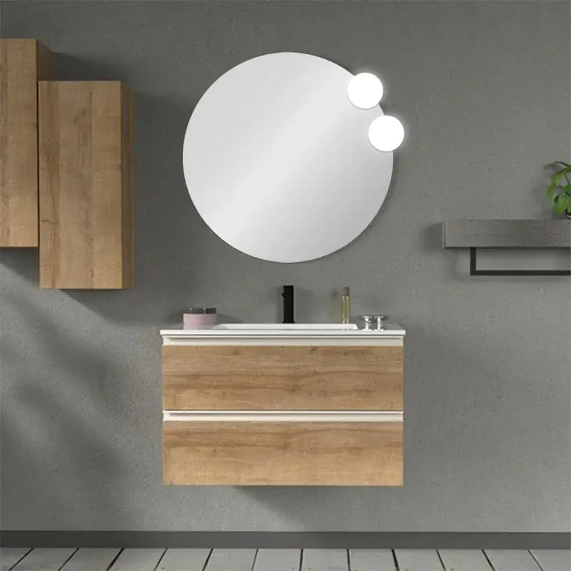 Mobile bagno sospeso 80 cm rovere miele con lavabo e specchio tondo Master Promo Stagionale