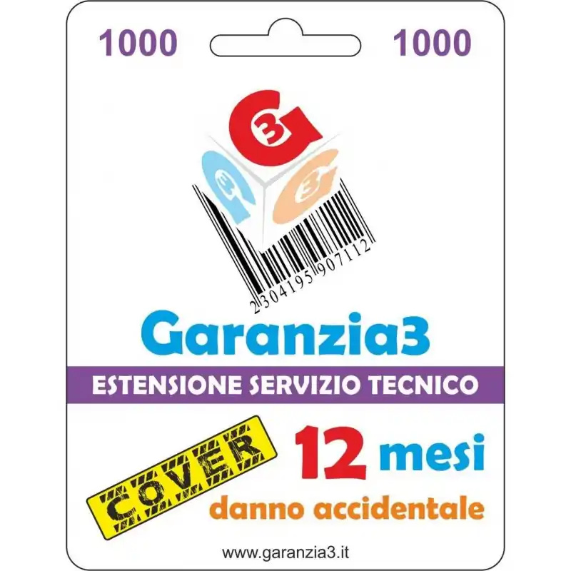 Garanzia3 Cover 1000 - Copertura dal danno accidentale per 12 mesi con massimale copertura 1000 euro Ultimissimo Modello