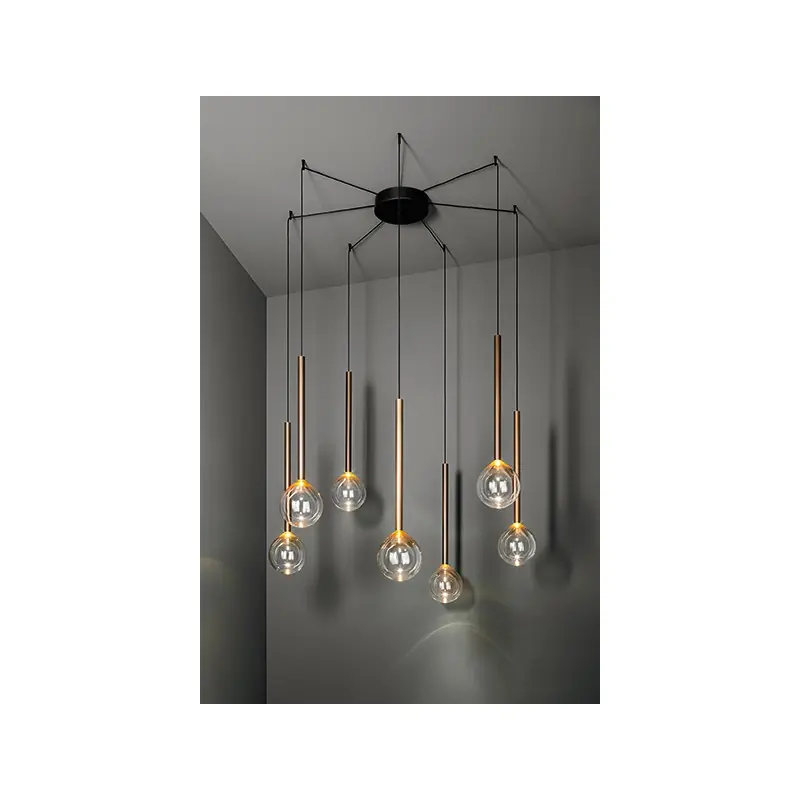 Nuovo Arrivo Bonaldo Lampada a sospensione 7 luci Sofì in metallo ottone brunito e vetro ambrato