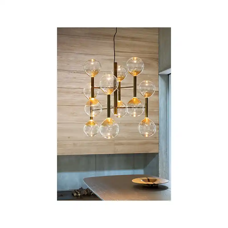 Bonaldo Lampada a sospensione 13 luci Sofì in metallo ottone brunito e vetro ambrato Nuova Collezione