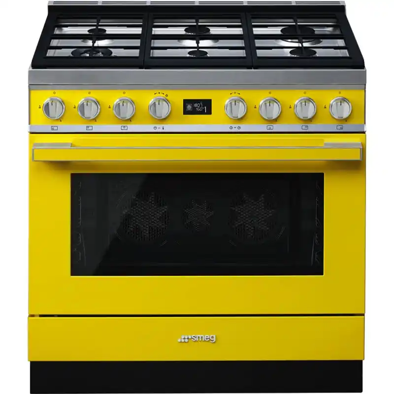 Consegna Rapida Smeg S Cucina CPF9GPYW con forno pirolitico termoventilato e piano cottura gas finitura giallo da 90x60 cm