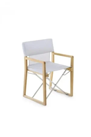 Professionale Unopiù Poltroncina pieghevole COSETTE con struttura in teak e telo in tessuto bianco canapa
