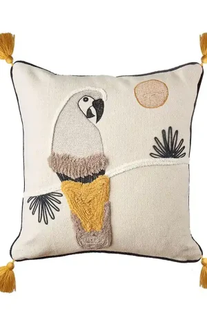 Offerta L‘Oca Nera Cuscino Pappagallo in Cotone con Applicazioni e Ricami 45x45 cm