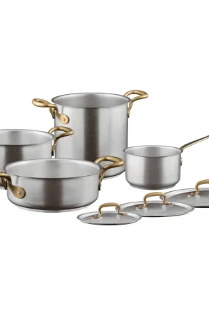 Sambonet Batteria di Pentole 7 Pezzi 1965 Vintage Acciaio inox e Ottone Prezzo Ridotto