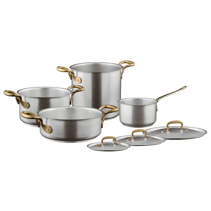 Sambonet Batteria di Pentole 7 Pezzi 1965 Vintage Acciaio inox e Ottone Prezzo Ridotto