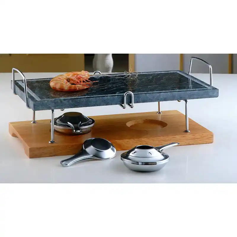 Esclusivo Brandani Set 5 Pezzi Piastra Ollare con Base Legno 41x23 cm