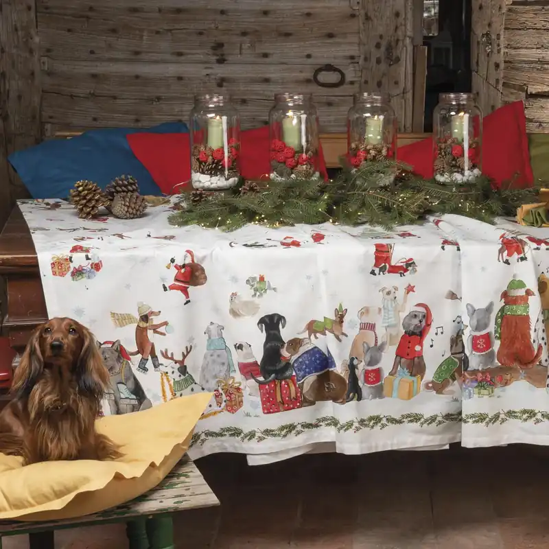 Tessitura Toscana Telerie Tovaglia Natalizia Rotonda Jingle Woof in Cotone 170 cm Offerta Del Giorno