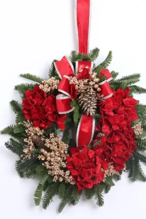 Fiori Di Lena Ghirlanda Tonda con Ortensie Rosse in Velluto D60 Reso Gratuito