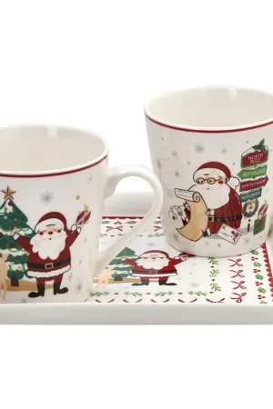 Promozione Tognana Porcellane Set 2 Tazze Mug con Vassoio Rettangolare Let it Snow