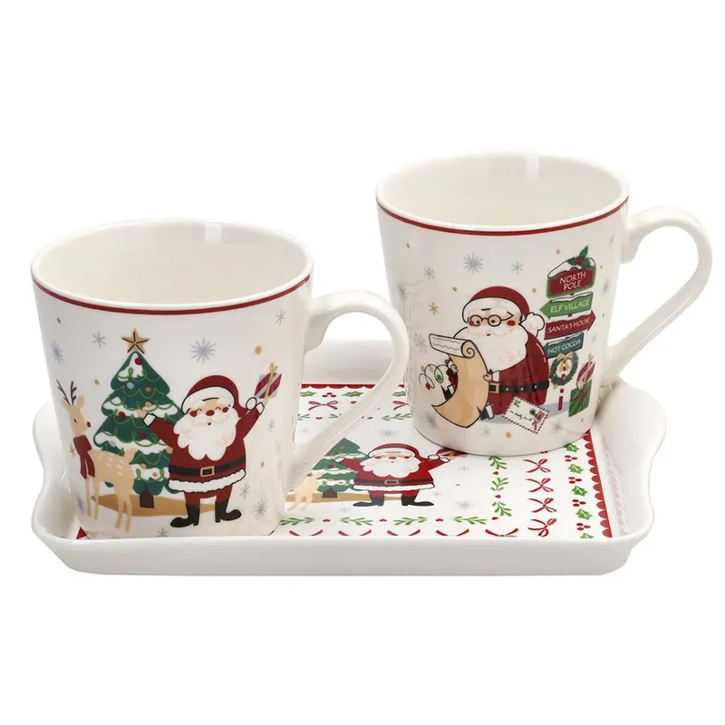 Promozione Tognana Porcellane Set 2 Tazze Mug con Vassoio Rettangolare Let it Snow