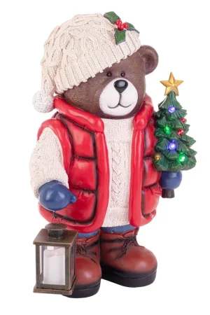 Andrea Bizzotto Decorazione Orso Chatfield con Pino e Led H65,5 cm Di Tendenza