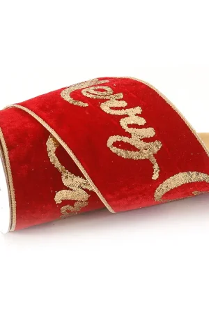 Vetur Nasto Natalizio in Velluto Glitter Merry Christmas 4,6mx10 cm Rosso e Oro Occasione