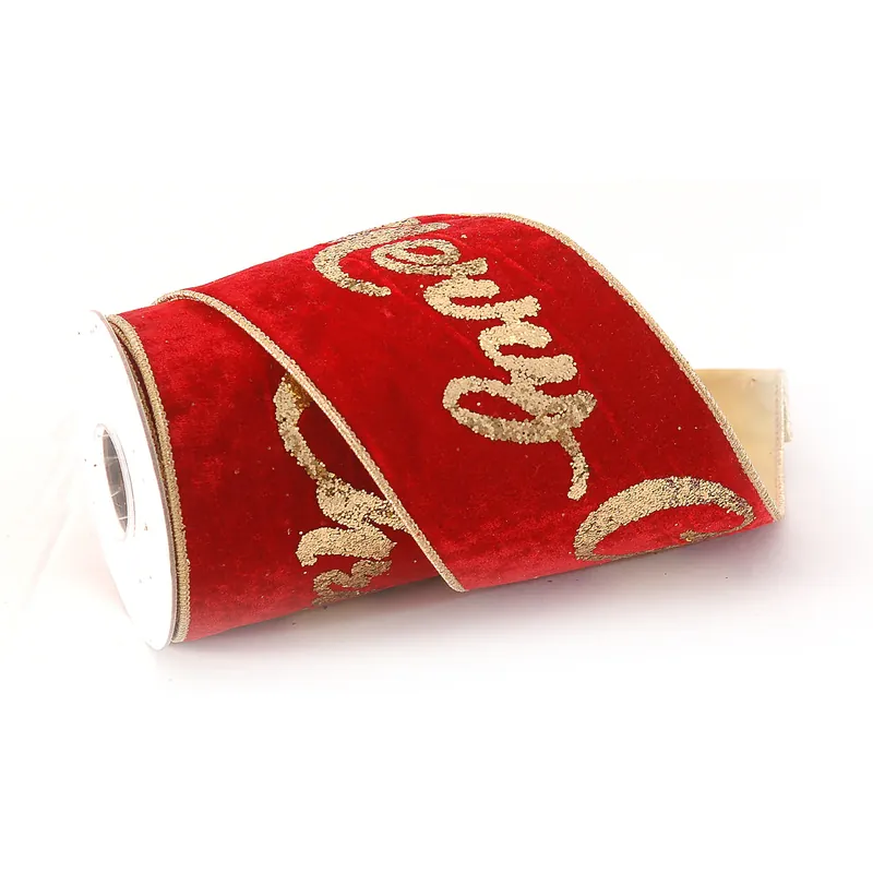 Vetur Nasto Natalizio in Velluto Glitter Merry Christmas 4,6mx10 cm Rosso e Oro Occasione