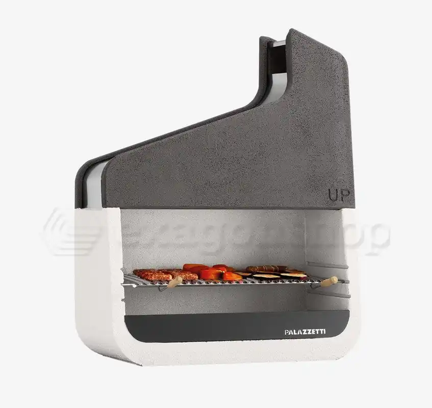 Reso Gratuito Palazzetti Up barbecue a legna grezzo in Marmotech bianco e cappa