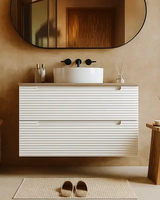 Mobile bagno bianco opaco 100x45 Mango top quercia e lavabo in ceramica lucida Solo Oggi