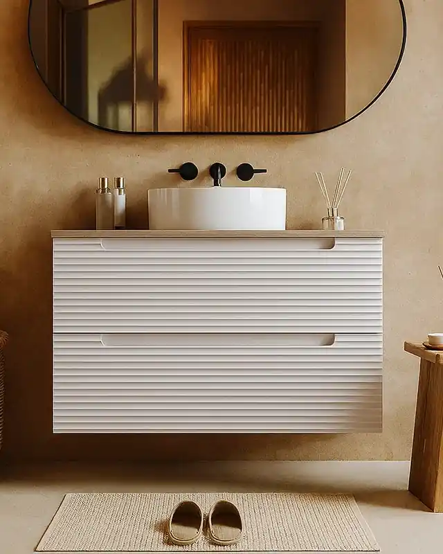 Mobile bagno canapa 100x45 Mango top quercia e lavabo appoggio in ceramica lucida Soddisfatti O Rimborsati