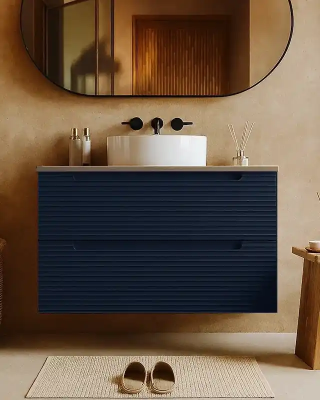 Mobile bagno blu notte 100x45 Mango top quercia e lavabo ceramica lucida Consegna Rapida