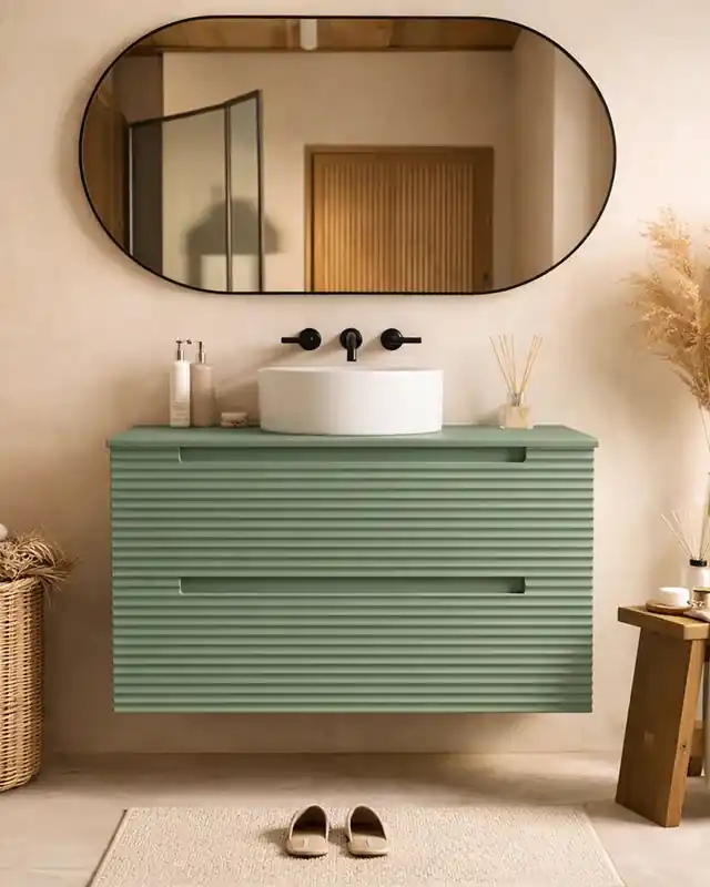 Prezzo Conveniente Mobile bagno muschio 80x45 Mango lavabo tondo da appoggio in ceramica lucida