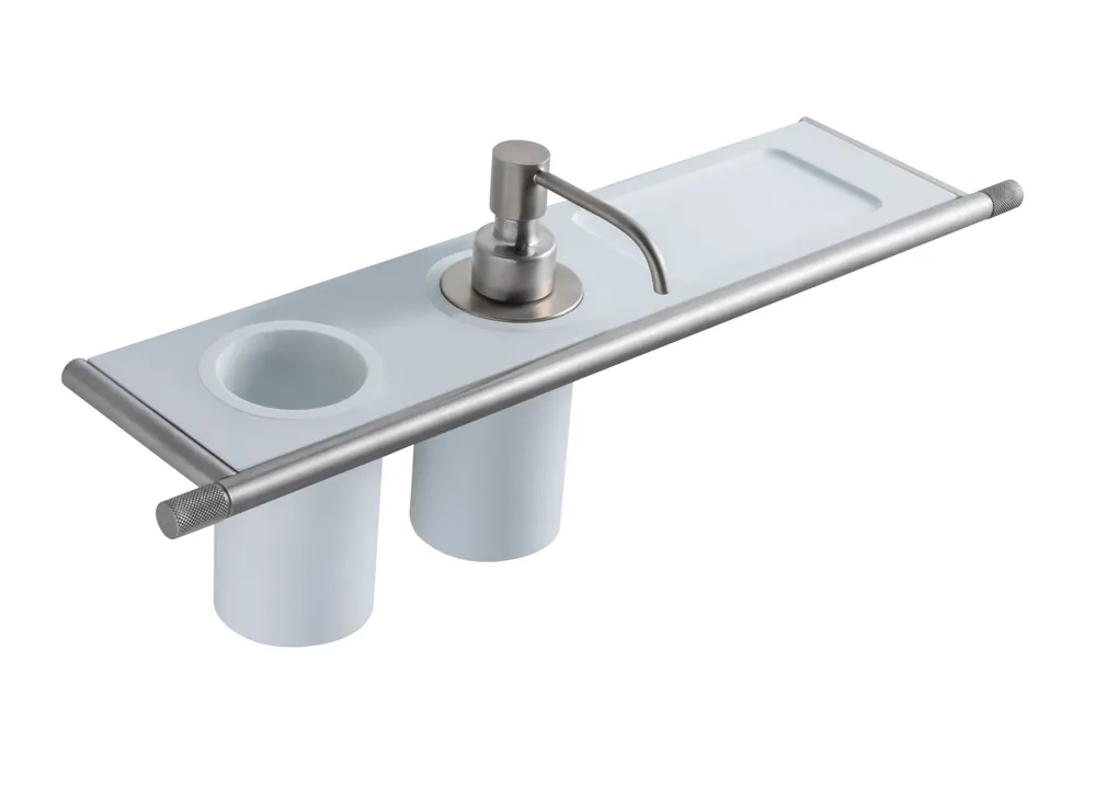 Treemme 5mm IT8373ISZZZZ mensola portaoggetti con dispenser sapone e portaspazzolini integrato bianco inox satinato Di Tendenza