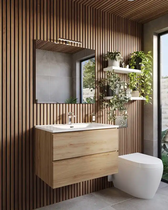 Direttamente Dal Produttore Mobile bagno 60x47 quercia con lavabo specchio e lampada Atene