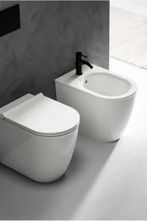 Spedizione Espresso Ceramica Dolomite Coppia sanitari filomuro con sedile softclose bianco lucido Mayka