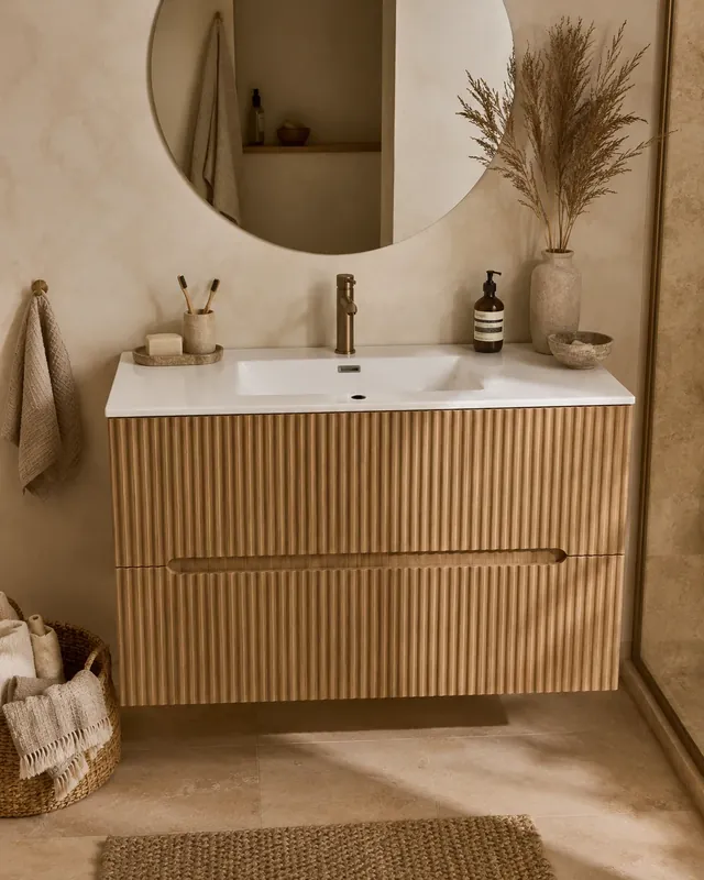 Mobile bagno quercia 100x46 cannettato Urbino 2.0 con lavabo in resina Prezzo Di Fabbrica