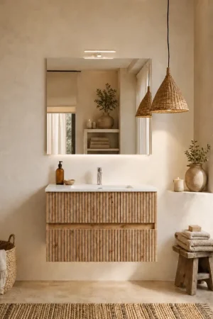 Acquista Ora Mobile bagno 60x46 Panama cannettato rovere naturale con lavabo e specchio