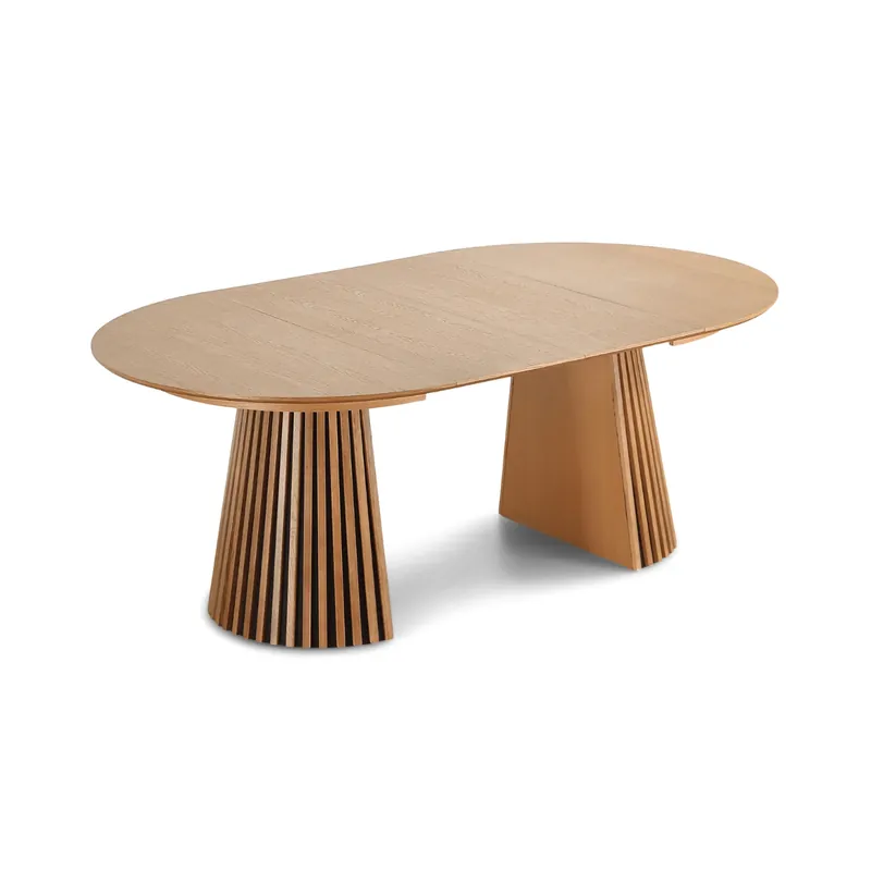 Occasione Lewis - Tavolo da pranzo rotondo a doghe impiallacciato in rovere con prolunga 100/140/180 cm - 2x prolunghe incluse